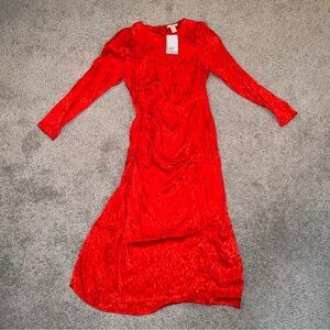 H&M Long Sleeve Red Maxi Dress with slit and puffy sleeves